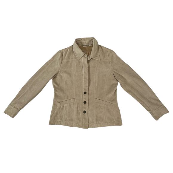 Chicos Faux Suede Jacket Size 1 Medium Tan Soft Button Placket Faux Pockets READ - Picture 5 of 11